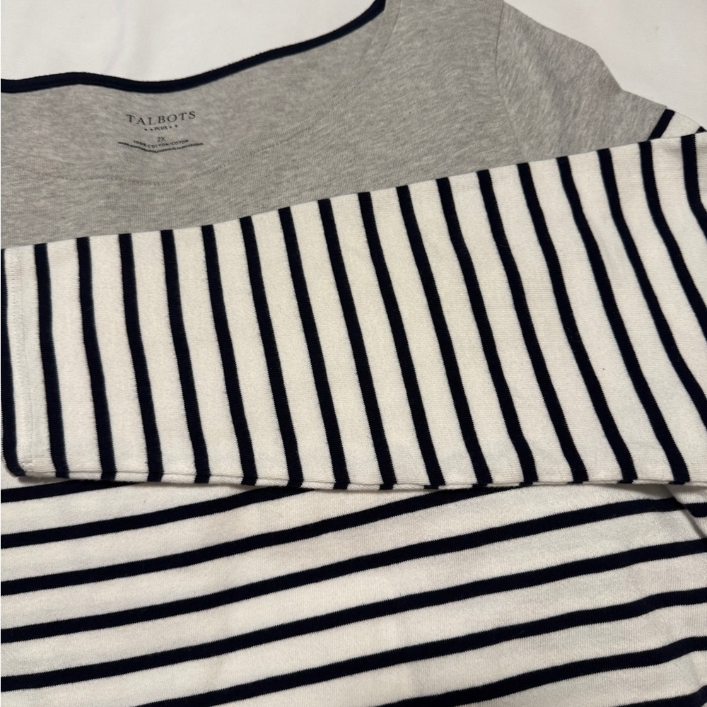 Talbots 2X Gray & Black Stripe Long Sleeve Cotton Top